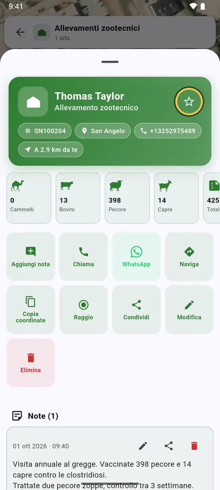 Proprietario, numero di serie, zona, telefono e distanza da te, poi i capi. La stella in alto aggiunge il sito ai Siti preferiti.