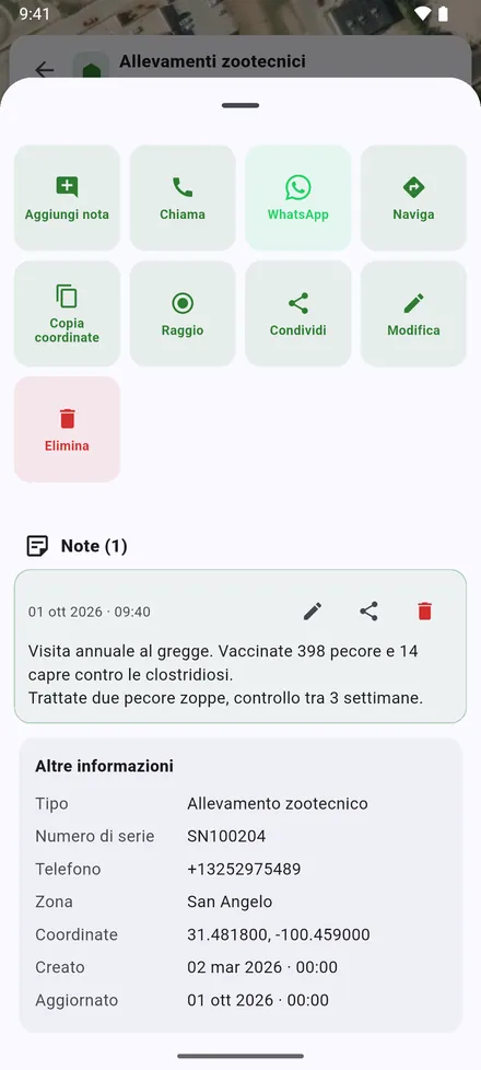 Altre informazioni: coordinate, quando il sito è stato creato e aggiornato, e le colonne in più importate da Excel.
