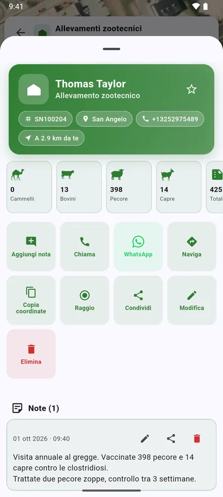 I pulsanti: Aggiungi nota, Chiama, WhatsApp, Naviga, Copia coordinate, Raggio, Condividi, Modifica e Elimina. Sotto, le note di visita.