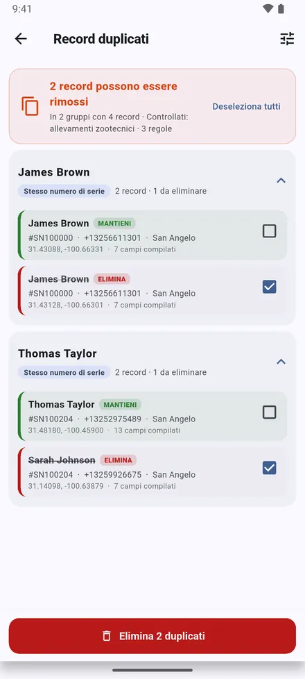 Vengono raggruppati i siti con lo stesso numero di serie, lo stesso telefono, lo stesso proprietario nella stessa zona o lo stesso punto. Controlla ogni gruppo e tieni quello giusto. Anche in Impostazioni › Trova siti duplicati.