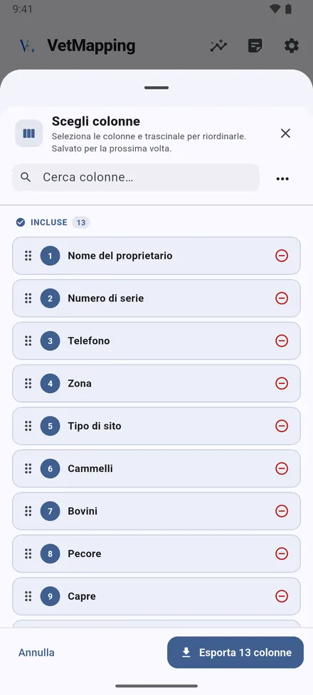 Tocca Esporta, scegli il tipo di sito, poi le colonne. Trascinale nell’ordine che vuoi; la scelta viene ricordata.
