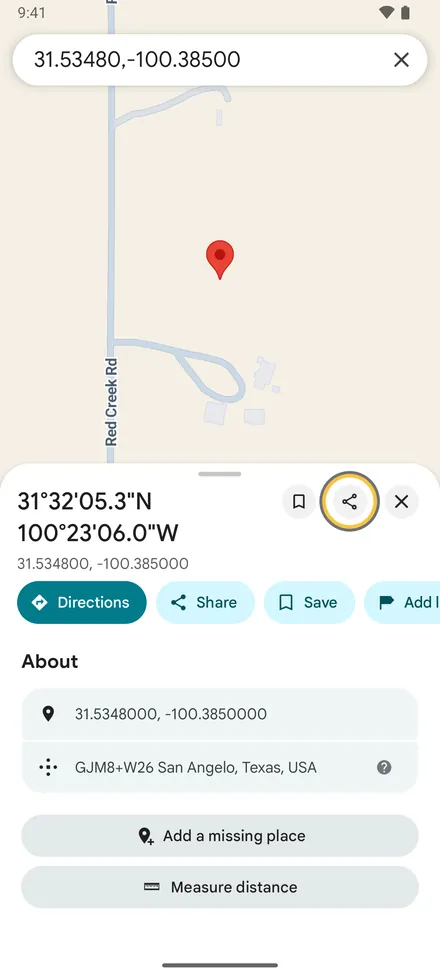 In Google Maps apri il luogo, o tieni premuto per lasciare un segnaposto. Tocca Condividi.