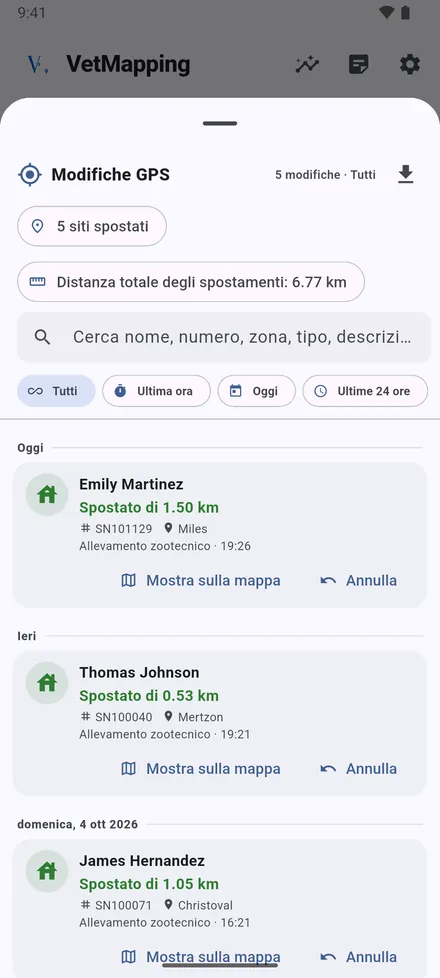 Modifiche GPS conserva ogni spostamento, con la posizione vecchia e nuova e la distanza. Aprine uno per vedere i due punti su una mappa, o per annullarlo.