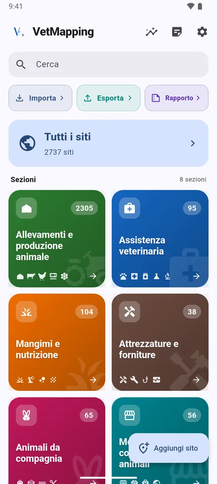 In alto: Statistiche, Note recenti e Impostazioni. Importa, Esporta e Rapporto portano i dati dentro e fuori. Tutti i siti apre una mappa con tutto, e le otto Sezioni aprono i propri siti.