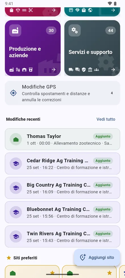 Sotto le sezioni: Modifiche GPS, poi Modifiche recenti: gli ultimi siti aggiunti, spostati o modificati.