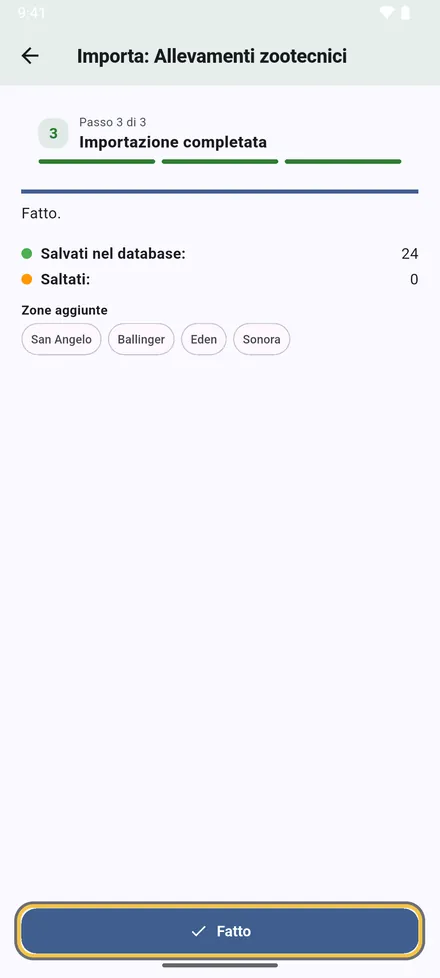 Il risultato: quanti siti salvati, quante righe saltate e perché, e le zone aggiunte. Tocca Fatto.