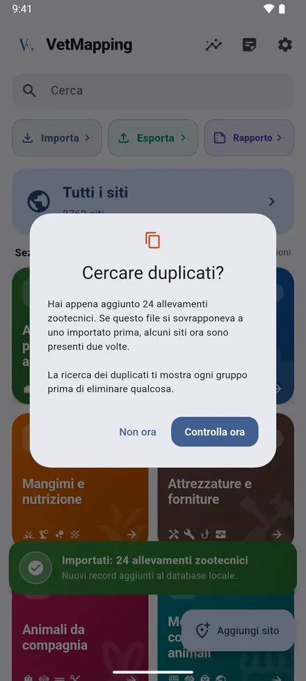 Se il file si sovrappone a uno importato prima, VetMapping propone di cercare i duplicati.