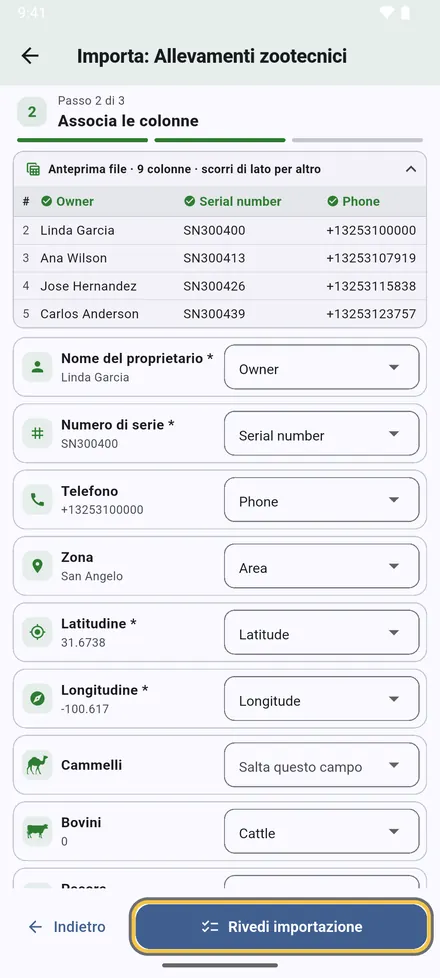 Ogni campo viene abbinato a una colonna del tuo file. Le intestazioni in inglese e arabo vengono riconosciute da sole; puoi cambiare qualsiasi abbinamento a mano. I campi con * sono obbligatori.