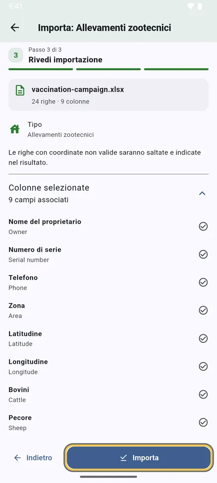 Controlla il riepilogo e tocca Importa.