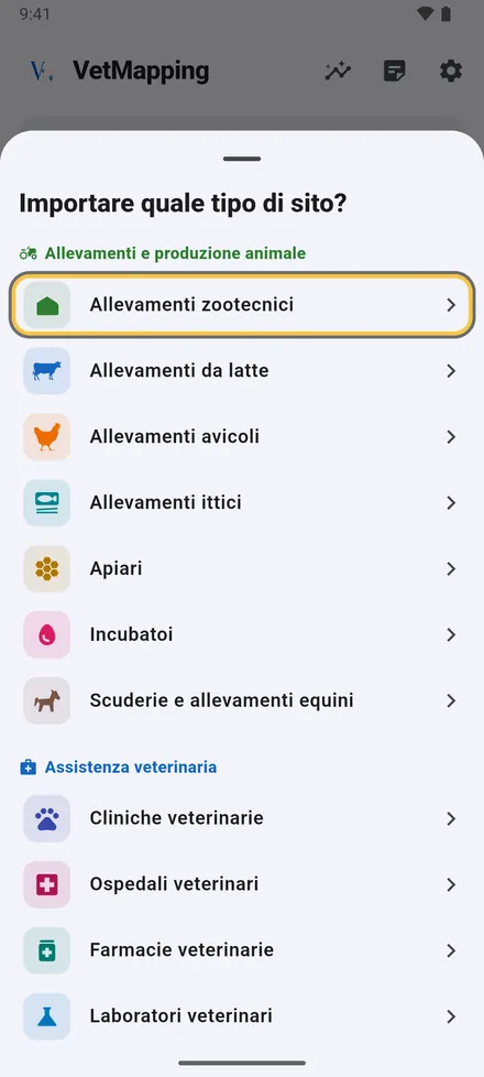 Tocca Importa nella schermata principale, scegli il tipo di sito del file, poi il file.