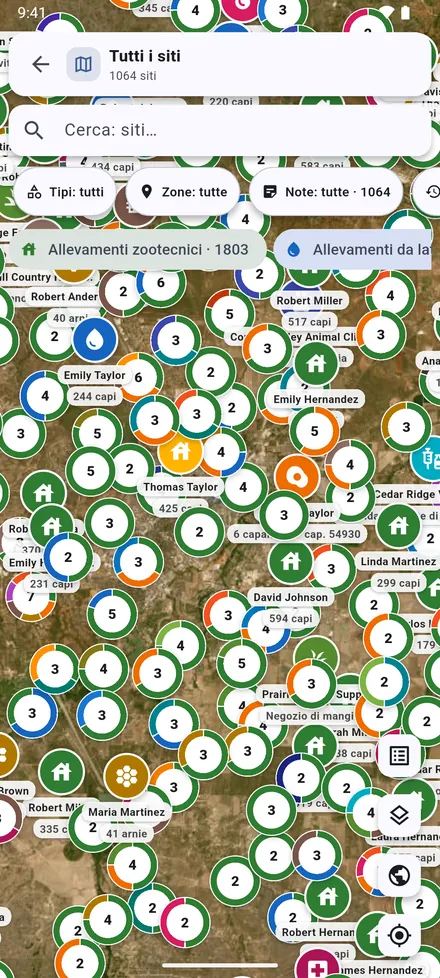 Tutti i siti nella schermata principale mostra tutti i tipi di sito insieme, ciascuno con il suo colore.