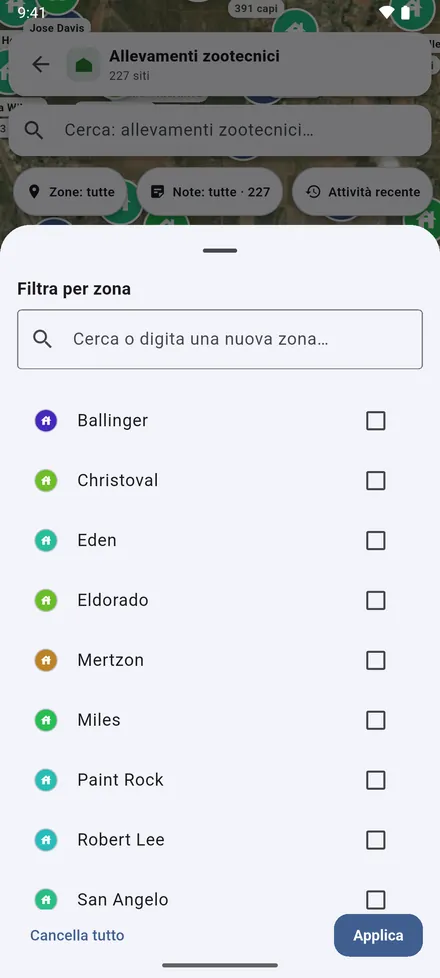 Filtra per zona mostra solo le zone scelte. La scelta resta su ogni mappa finché non la cancelli.