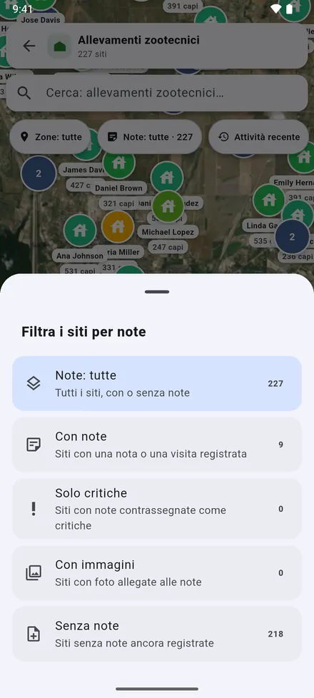 Il filtro delle note: siti con note, critici, con foto o ancora senza note.