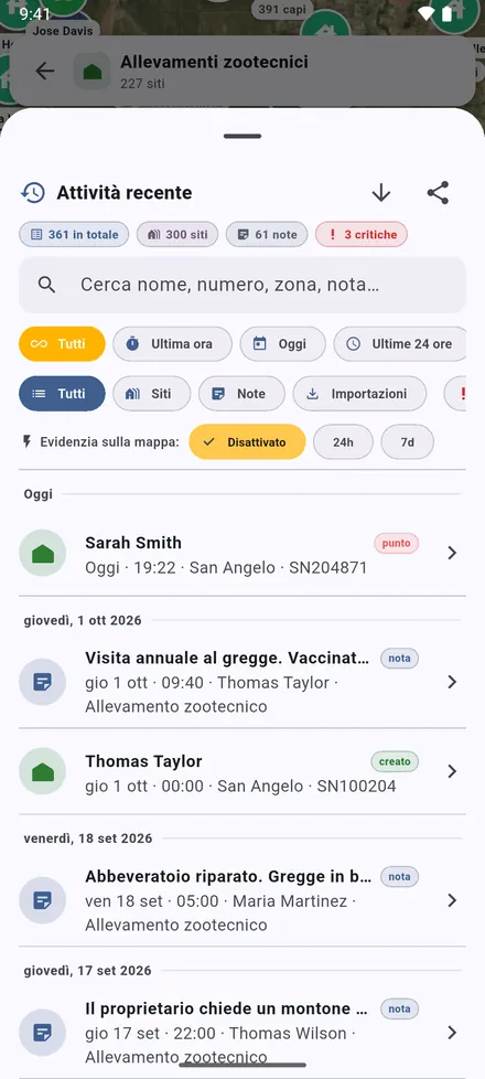 Attività recente: cosa è stato aggiunto, modificato e annotato, giorno per giorno. Tocca una voce per andarci.