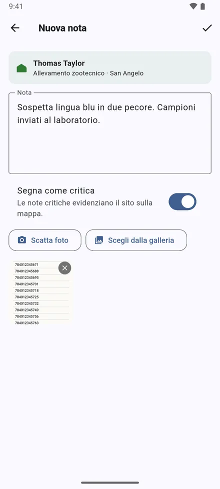 Aggiungi nota: scrivi cosa hai fatto e visto, e allega foto con Scatta foto o Scegli dalla galleria. Segna come critica rende rosso il sito sulla mappa.