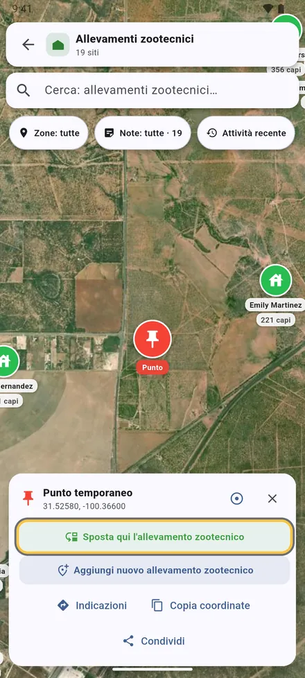 Tieni premuto sulla mappa per lasciare un segnaposto. Da lì: spostare un sito qui, Aggiungi qui un nuovo sito, Indicazioni, Copia coordinate o Condividi. Il pulsante del cerchio traccia un raggio attorno.