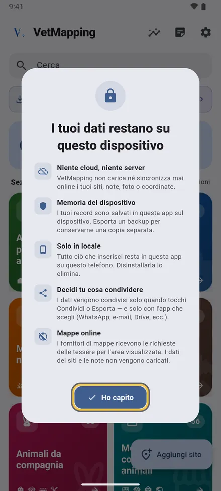 Nessun account, nessun server: siti, note e foto restano su questo telefono. Tocca Ho capito.