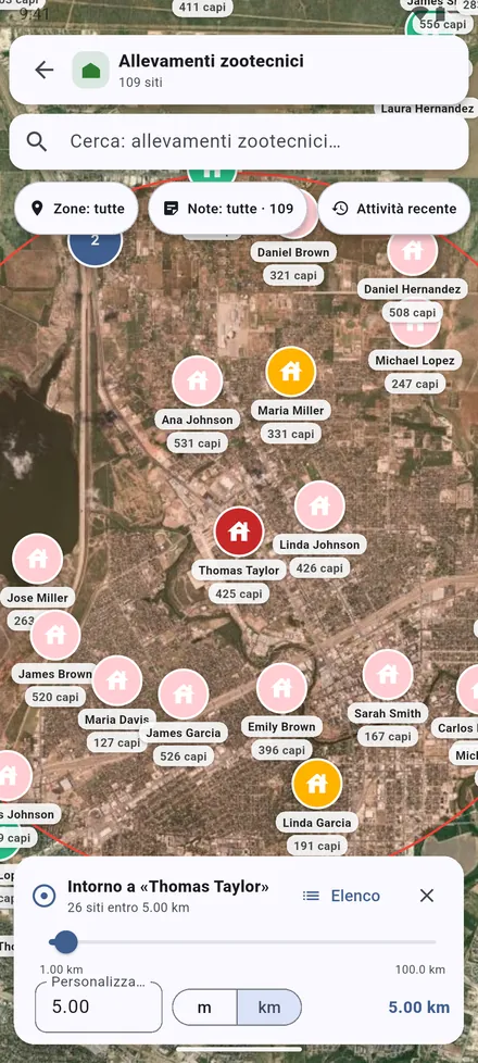 Apri l’allevamento e tocca Raggio. Trascina il cursore o scrivi una distanza, da 100 m a 100 km. I siti all’interno vengono contati.