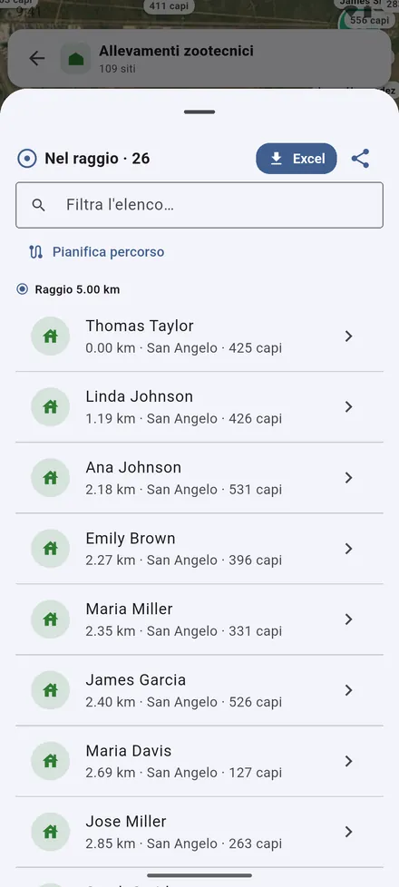 Elenco: i siti nel raggio, i più vicini per primi, con i loro capi. Esportali in Excel, condividi l’elenco o pianifica un percorso.