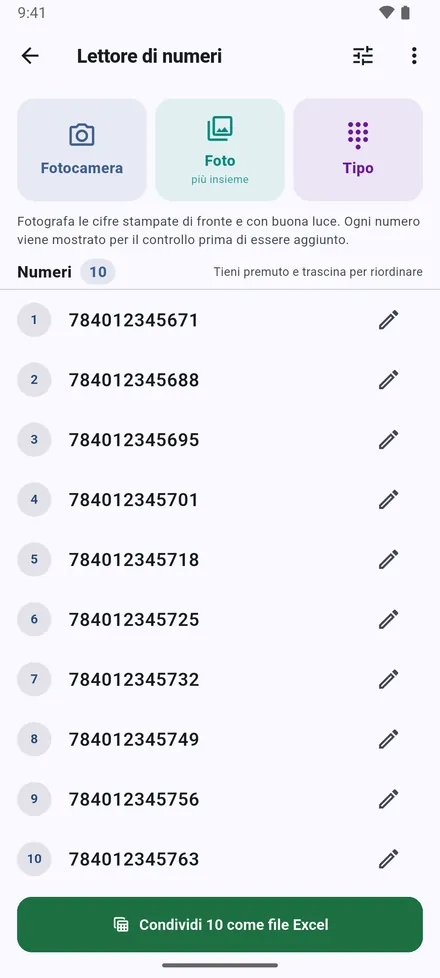 L’elenco si può riordinare, copiare o condividere come file Excel.