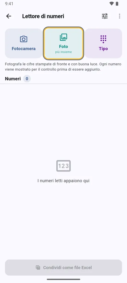 Impostazioni › Leggi numeri con la fotocamera. Scatta una foto, o scegli più foto insieme.