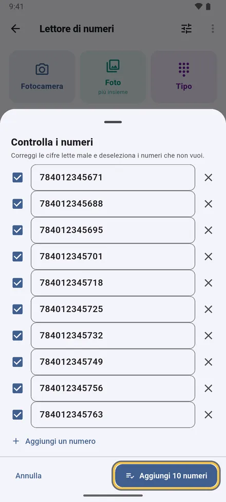 Controlla ogni numero: correggi una cifra, togli la spunta a ciò che non vuoi, aggiungi quello mancante. Le letture dubbie e le ripetizioni sono evidenziate.