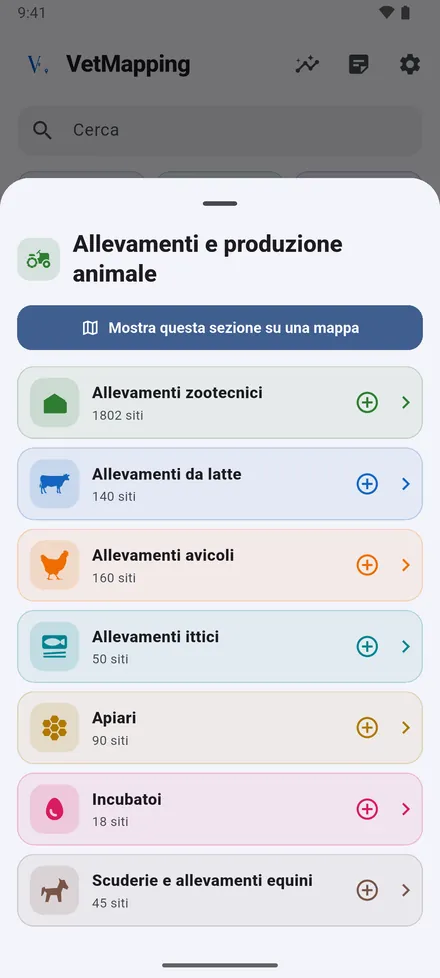 Tocca una sezione per vedere i suoi tipi di sito e quanti ne hai di ciascuno. Tocca un tipo per aprire la sua mappa, o il + per aggiungere un sito di quel tipo.