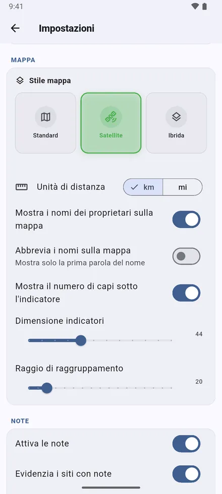 La mappa: Stile mappa, km o miglia, nomi dei proprietari interi o solo il nome, capi sotto i segnaposto, dimensione dei segnaposto e quanto facilmente i siti vicini si raggruppano in un cerchio.
