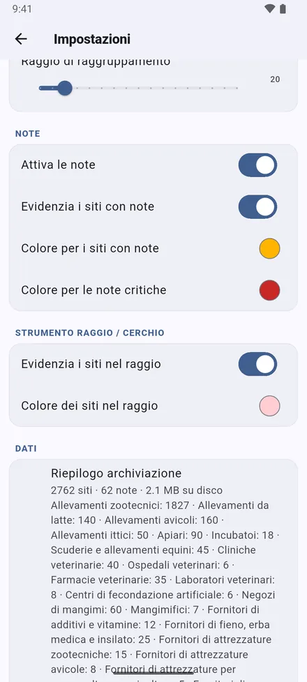 Note: colorare i siti con note, nei colori che scegli per note normali e critiche; il colore dei siti dentro un raggio; e un riepilogo di tutto ciò che è salvato.
