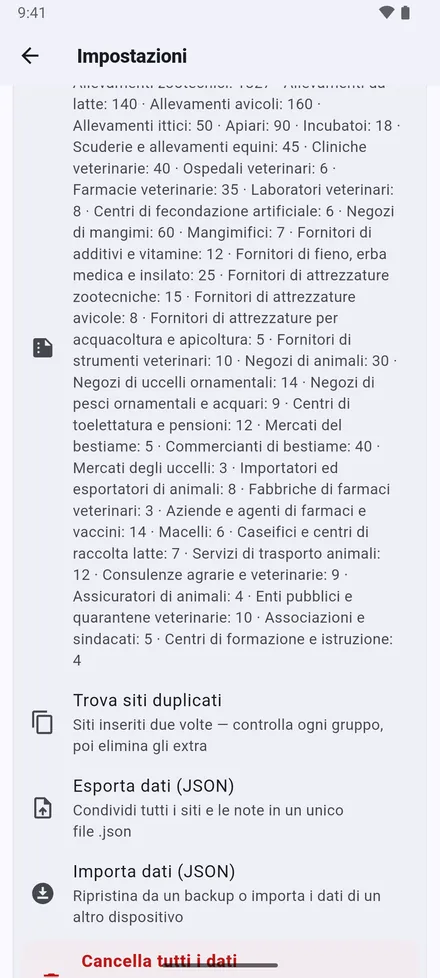 I tuoi dati: Trova siti duplicati, Esporta dati (JSON), Importa dati (JSON) e Cancella tutti i dati.