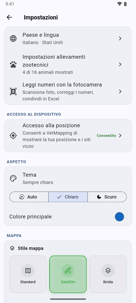 Paese e lingua, Impostazioni allevamenti zootecnici, Leggi numeri con la fotocamera e accesso alla posizione. Poi l’aspetto: Tema e colore principale.