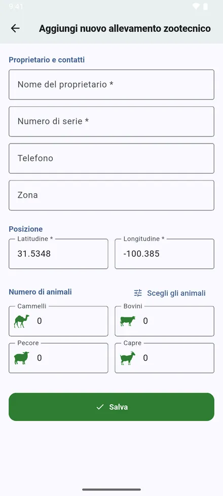 Il modulo si apre con le coordinate già inserite. Completalo e tocca Salva.