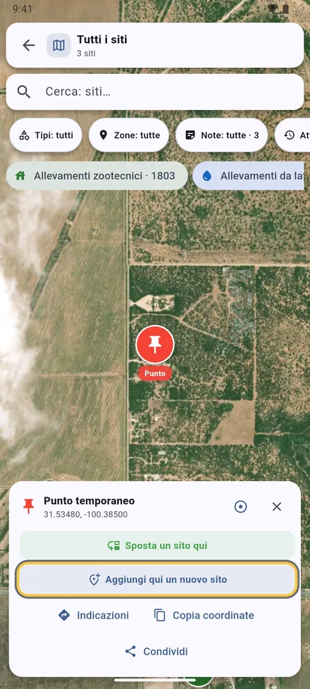 VetMapping si apre sul punto condiviso con i siti intorno. Scegli Aggiungi qui un nuovo sito, oppure Sposta un sito qui se il sito è già in VetMapping nel posto sbagliato.