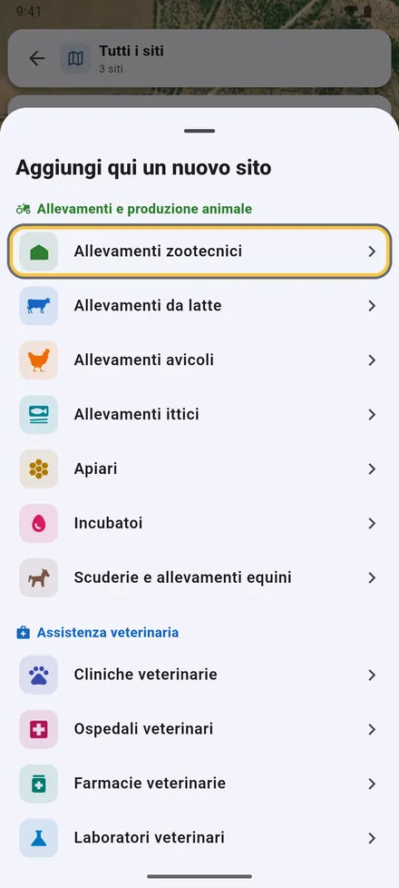 Per aggiungerlo, scegli il tipo di sito.