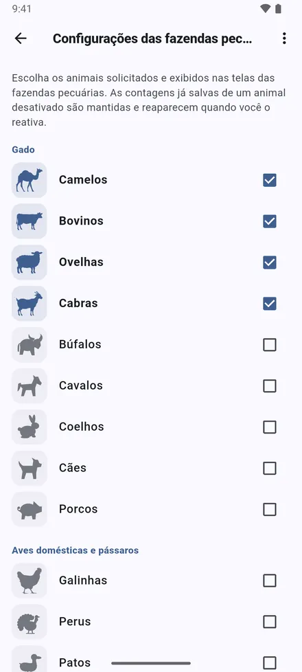 Configurações das fazendas pecuárias: ative os animais com que você trabalha. Só eles aparecem em formulários, fichas, estatísticas e colunas do Excel.