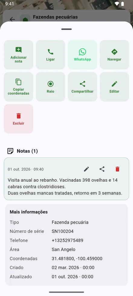 Mais informações: coordenadas, quando o local foi criado e atualizado, e as colunas extras importadas do Excel.