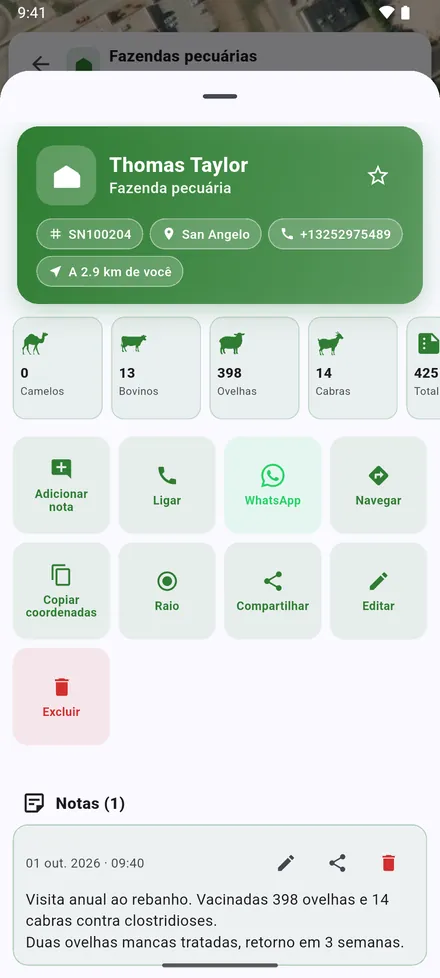 Os botões: Adicionar nota, Ligar, WhatsApp, Navegar, Copiar coordenadas, Raio, Compartilhar, Editar e Excluir. Abaixo, as notas de visita.