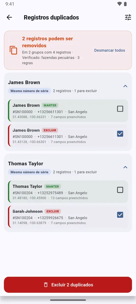 Locais com o mesmo número de série, o mesmo telefone, o mesmo proprietário na mesma área ou o mesmo ponto são agrupados. Confira cada grupo e fique com o certo. Também em Configurações › Encontrar locais duplicados.