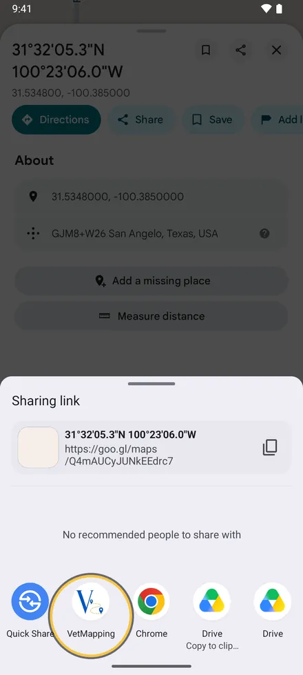 No menu de compartilhamento, toque em VetMapping.