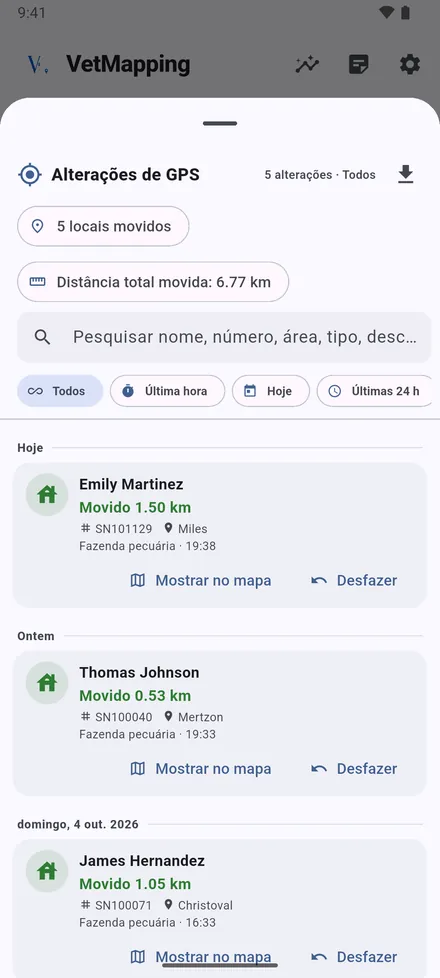 Alterações de GPS guarda cada mudança, com a posição antiga, a nova e a distância. Abra uma para ver os dois pontos num mapa, ou para desfazê-la.