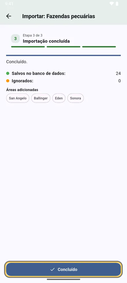 O resultado: quantos locais foram salvos, quantas linhas foram puladas e por quê, e as áreas adicionadas. Toque em Concluído.