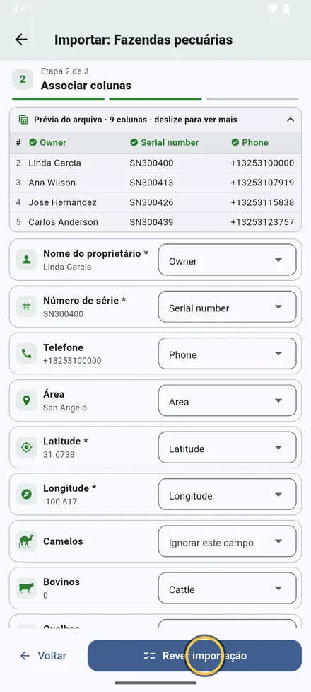 Cada campo é ligado a uma coluna do seu arquivo. Cabeçalhos em inglês e árabe são reconhecidos sozinhos; mude qualquer ligação à mão. Campos com * são obrigatórios.