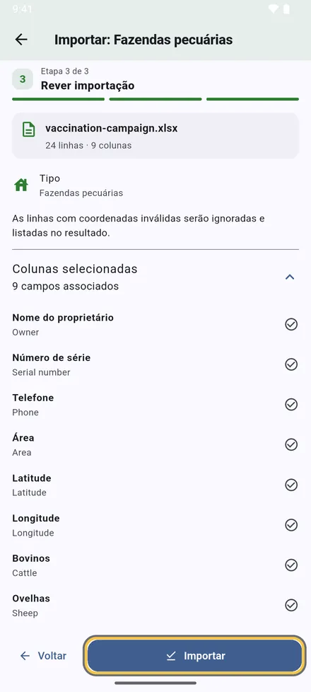Confira o resumo e toque em Importar.