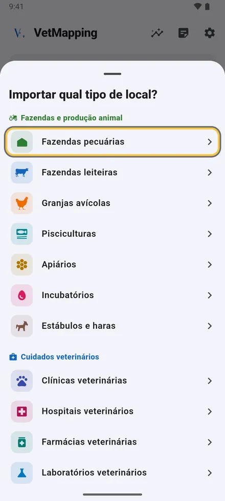 Toque em Importar na tela inicial, escolha o tipo de local do arquivo e depois o arquivo.
