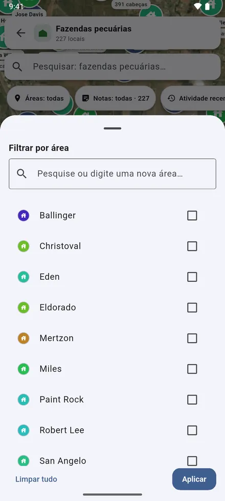 Filtrar por área mostra só as áreas escolhidas. A escolha vale em todos os mapas até você limpá-la.