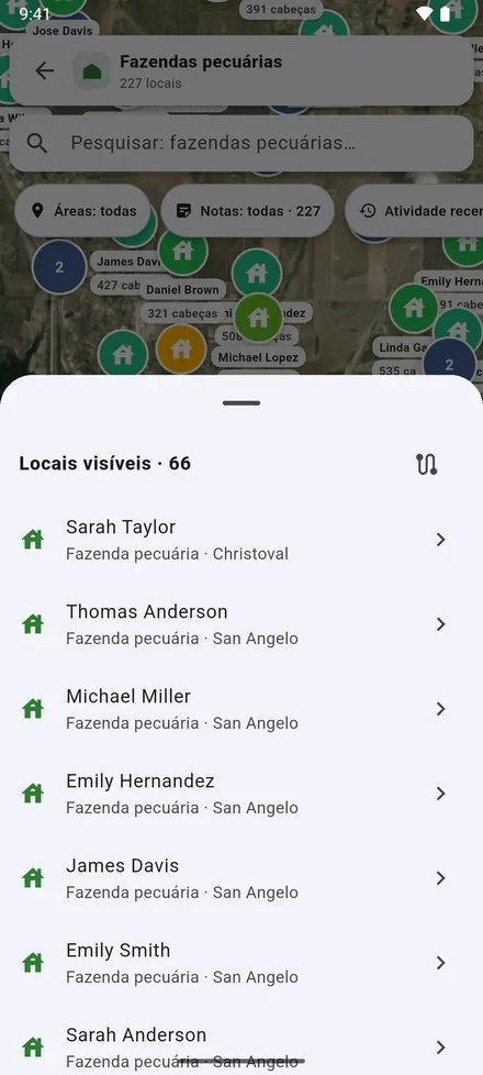 Locais visíveis: os locais na tela em lista, e Planear rota para visitá-los um após o outro.