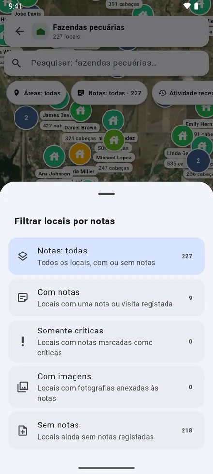O filtro de notas: locais com notas, críticos, com fotos ou ainda sem notas.