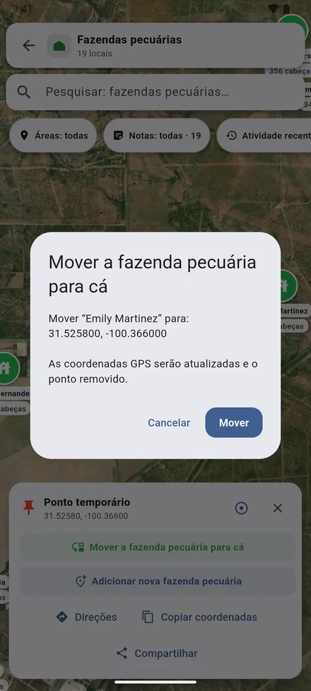 Confirme com Mover. O local recebe as novas coordenadas.