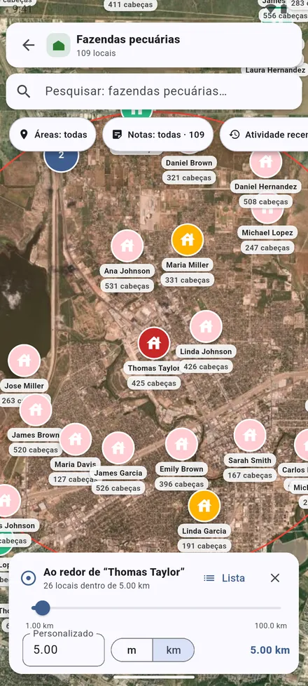 Abra a fazenda e toque em Raio. Arraste o controle ou digite uma distância, de 100 m a 100 km. Os locais dentro do raio são contados.