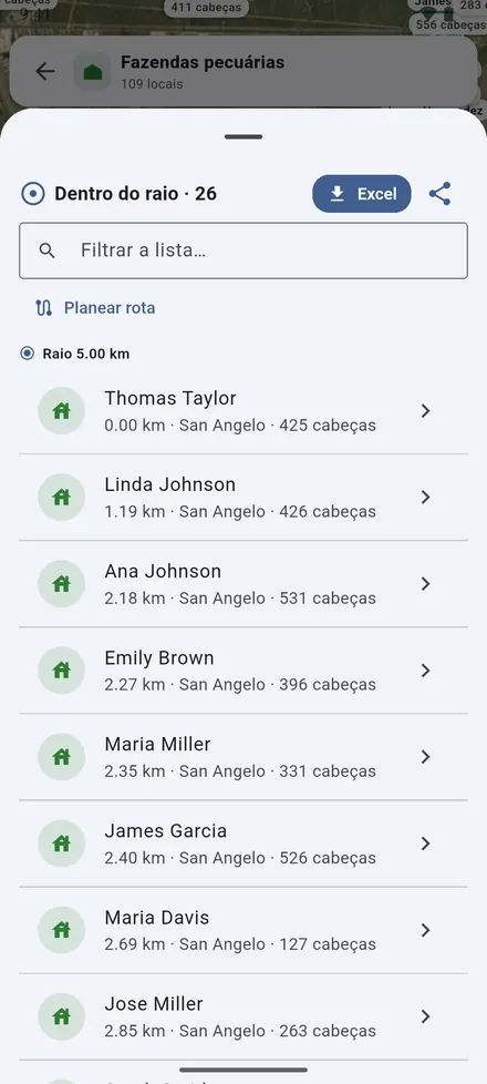 Lista: os locais dentro do raio, os mais próximos primeiro, com suas cabeças. Exporte para o Excel, compartilhe a lista ou planeje uma rota.